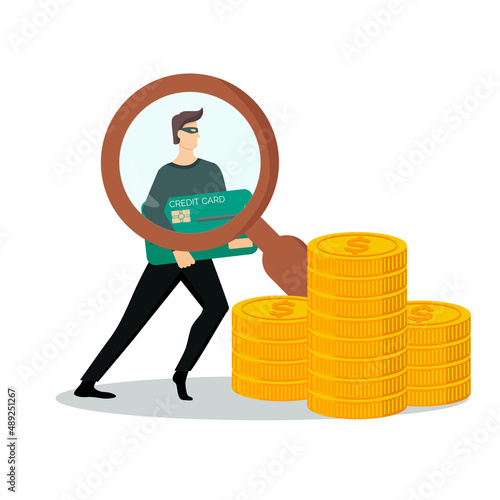 Conceptual illustration about online fraud, cybercrime, data hacking. Fraudster stealing money and a bank card. Flat vector illustration