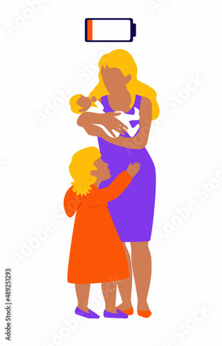 Mother is tired and burnout from overtime care of children. Stay at home mom. Unequal stress of parents in the family. The burden of responsibility of siblings.