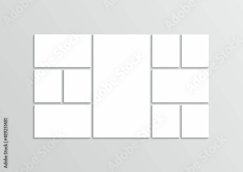 Moodboard layout. Photo collage template. Mood board grid. Mosaic pictures frame. Retro gallery banner. Empty album brandboard. Portfolio images isolated on gray background. Vector illustration