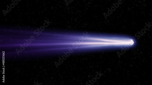 Comet with a long bright tail in outer space. Observation of astronomical objects. Photo of a real comet flying near the Earth. 