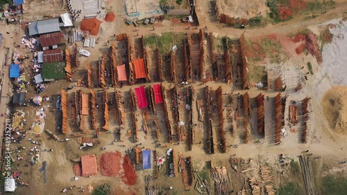 Aerial view of people working in a wood market, Baishmouja, Brahmanbaria, Bangladesh. photo