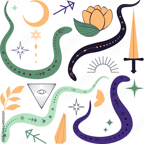 magic collection with snakes, knife, lotus flower and mystery signs