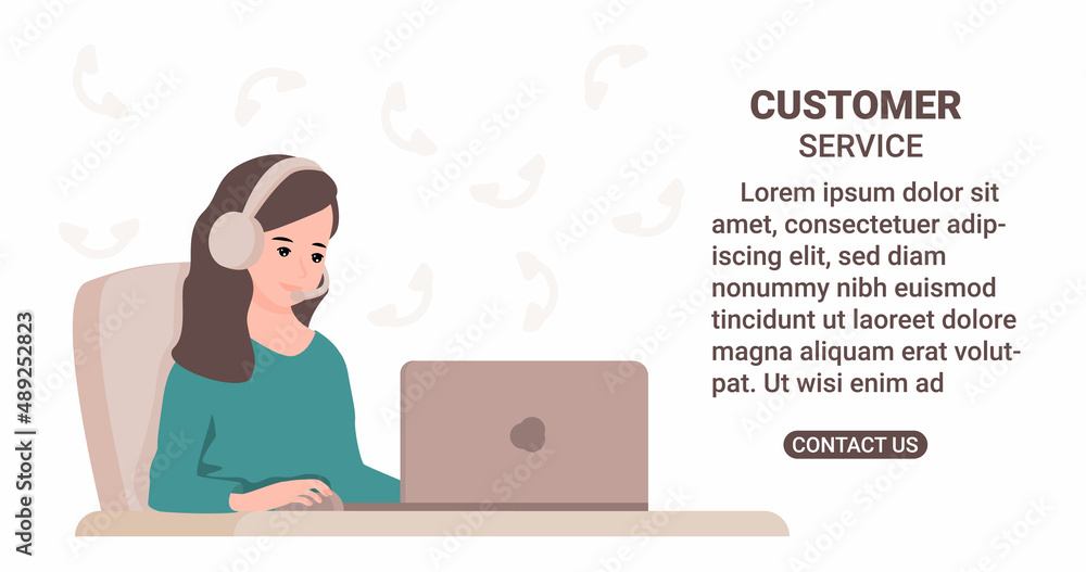 Smilling female with headphones and microphone sitting in front of laptop. Customer service concept. Good design for assistans, online call and support center. Smilling female with headphones and microphone sitting in front of laptop. Customer service concept. Good design for assistans, online call and support center.
