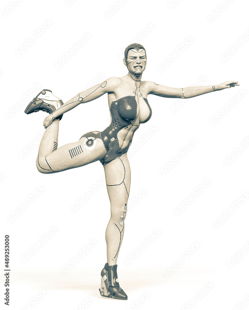 super cyborg girl is stretching before running in white background super cyborg girl is stretching before running in white background