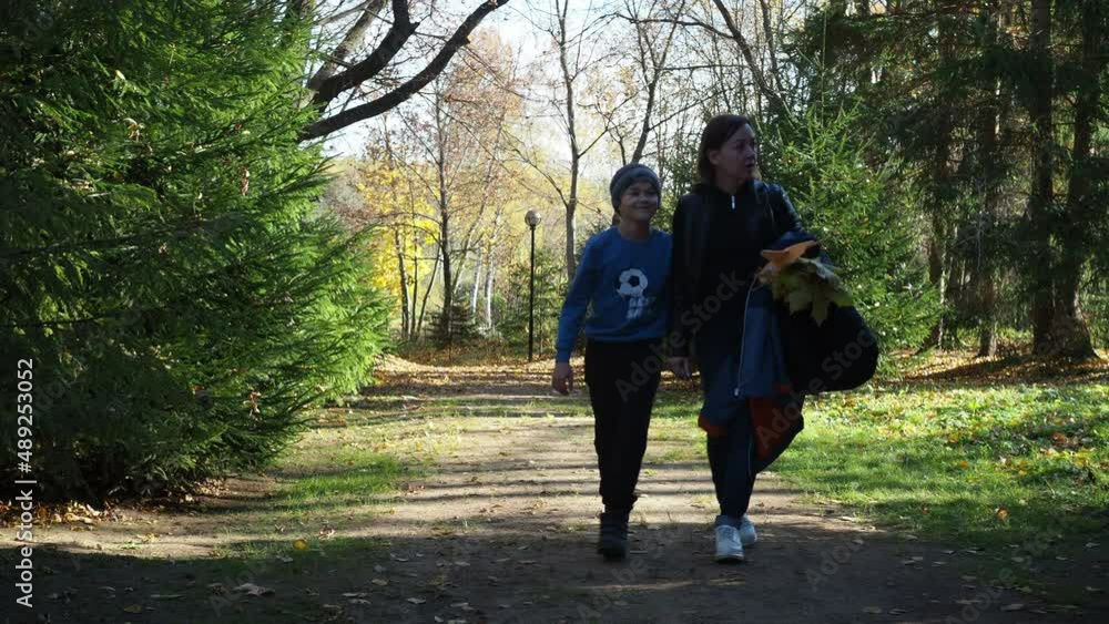 mother and son walk through the autumn park. nature walks mother and son walk through the autumn park. nature walks
