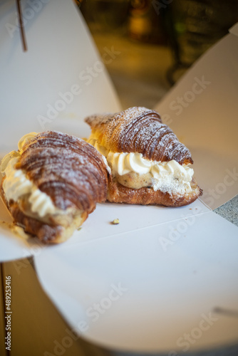 Fastelavnboller carnival buns swedish semlas croissants with whipped cream and almond paste. Delicious scandinavian pastry for february carnival