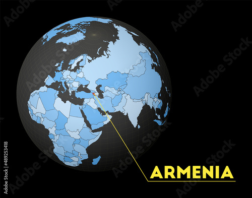 Armenia on dark globe with blue world map. Red country highlighted. Satellite world view centered to Armenia with country name. Vector Illustration.