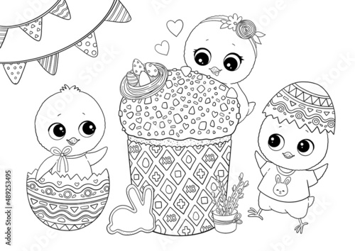 Easter chicken coloring drawing, black and white
