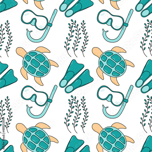 Cute turtle seaweed and snorkeling equipmaent. In the sea - cartoon vector illustration. Seamless pattern in emerald, beige colors, for wallpaper, background, fabric, textile.