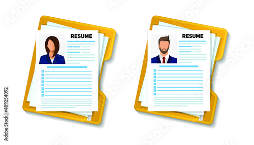 Resumes. CV application. Interview, recruitment agency. Analysis of personnel resumes. Recruitment of personnel. Business resumelicences with a photo of a man and a woman. 

