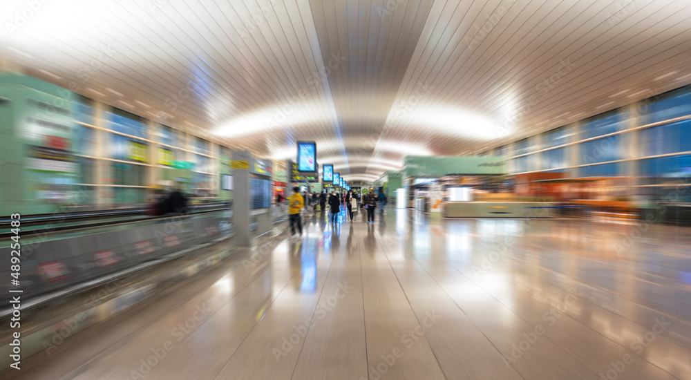 Background of the interior of an airport terminal with motion blur