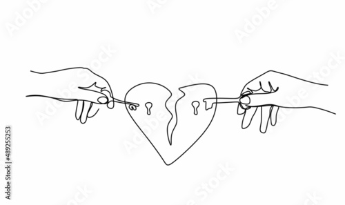 continuous drawing of one man's hand and a woman's hand and a broken heart