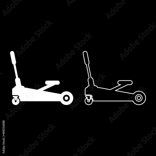 Lifting jack hydraulic car on wheels auto repair service set icon white color vector illustration image solid fill outline contour line thin flat style