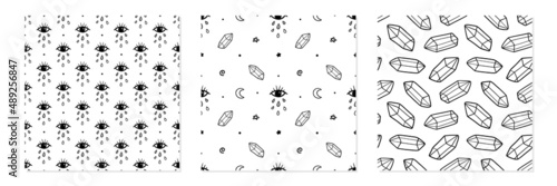 Set, collection of three vector seamless pattern backgrounds with evil eyes and crystals, gems for magic and clairvoyance design.
