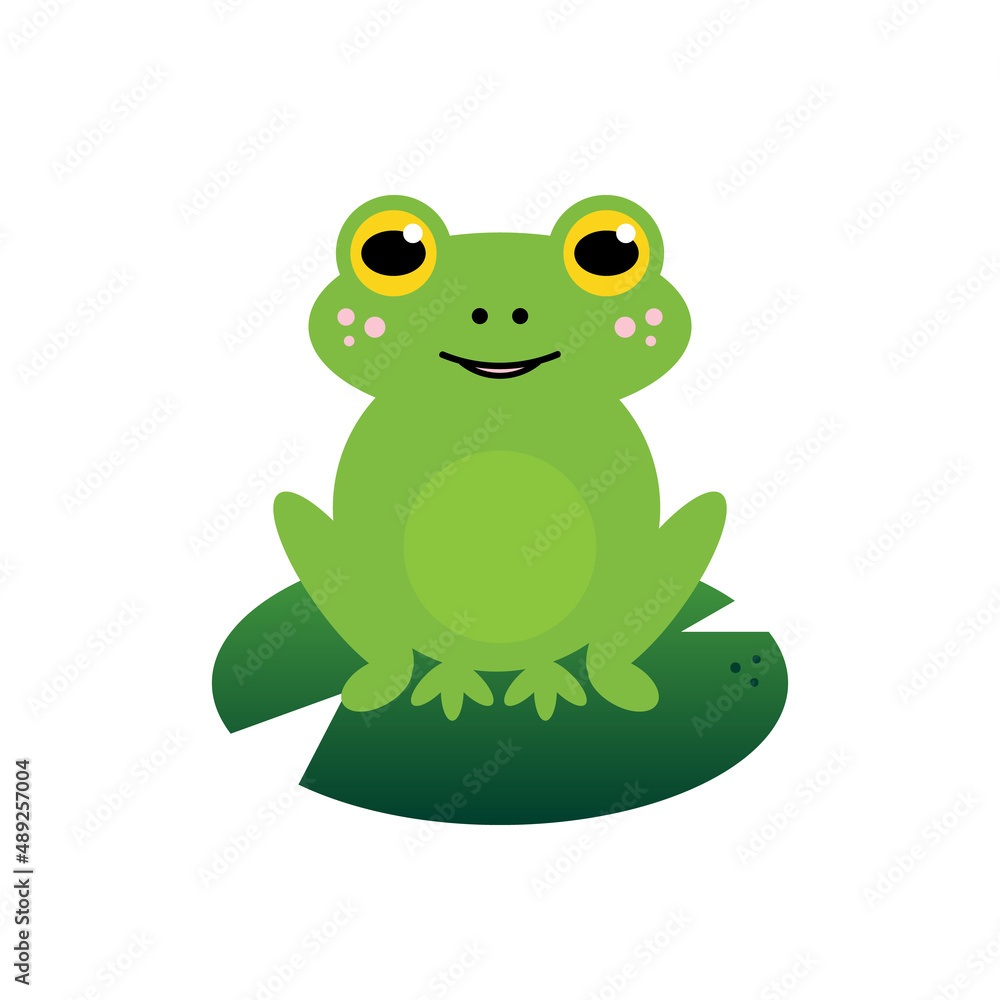 Cute and smiling cartoon style frog character sitting on a green leaf. Vector illustration.
Cute and smiling cartoon style frog character sitting on a green leaf. Vector illustration.