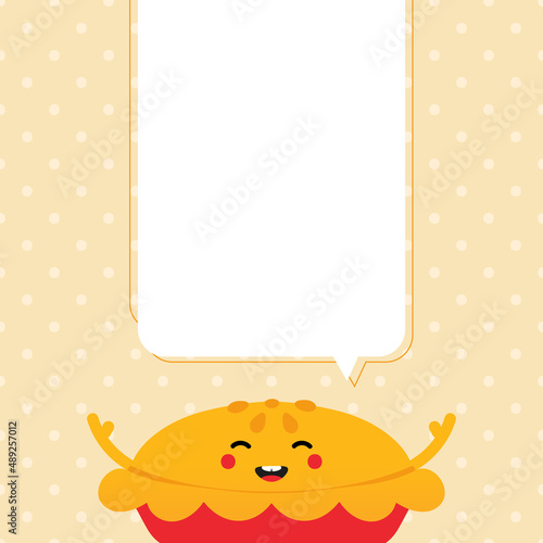 Cute and smiling sweet apple pie character with blank, empty speech bubble for message, information design.
