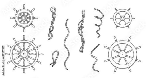 Set of steering wheel rudders and ropes. Vector black white doodle sketch outline retro isolated illustration.