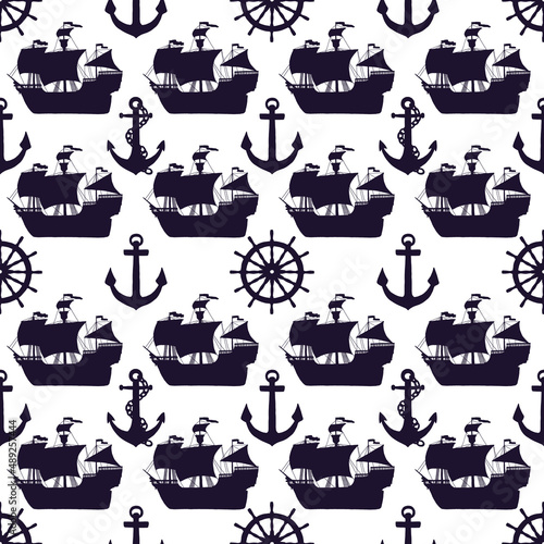 Seamless pattern of silhouette ships, anchors and steering-wheel rudders. Vector black doodle sketch illustration on white background.