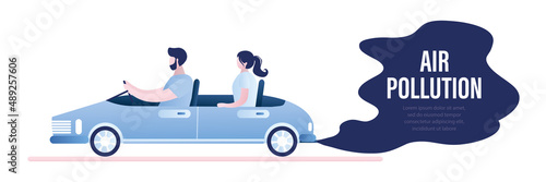 Modern car with smoke. Air pollution, ecology problem. High emission co2. Couple ride on vehicle. Horizontal banner. Auto runs on non-ecological fuel. Waste fuel or petrol.