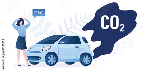 Modern car with smoke. Air pollution, ecology problem. High emission co2. Unhappy woman driver. Horizontal banner. Auto runs on non-ecological fuel.