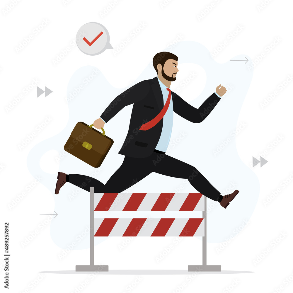 Caucasian businessman or manager jumps over hurdle. Overcoming obstacles, solving business problems. Skills improvement. Successful employee fast run. Confident male character. Caucasian businessman or manager jumps over hurdle. Overcoming obstacles, solving business problems. Skills improvement. Successful employee fast run. Confident male character.