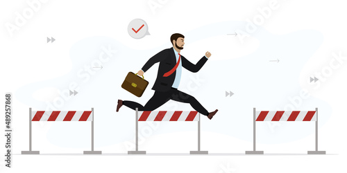 Caucasian businessman jumps over hurdles. Overcoming obstacles, solving problems. Business competition. Skills improvement. Successful employee fast run. Confident male character.