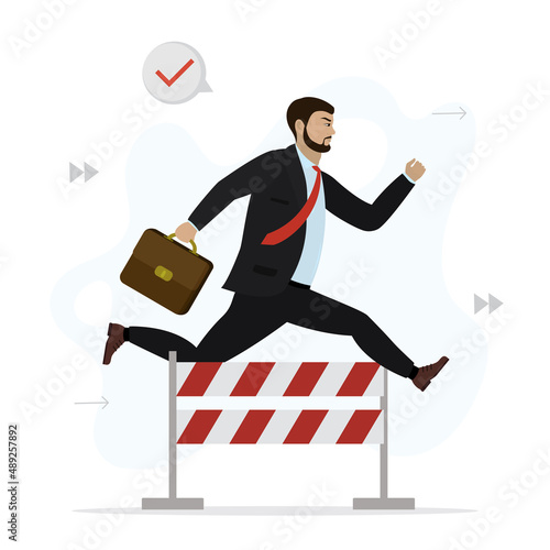 Caucasian businessman or manager jumps over hurdle. Overcoming obstacles, solving business problems. Skills improvement. Successful employee fast run. Confident male character.