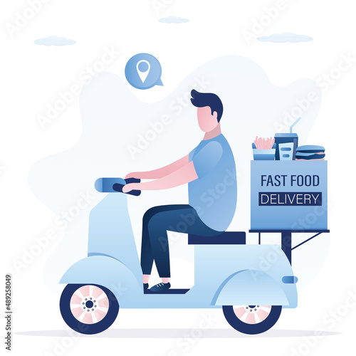 Deliveryman rides on motorbike. Fast food delivery. Courier driving scooter. Classic moped, vintage model. Transportation, shipping. Drink, hamburger and french fries in box.