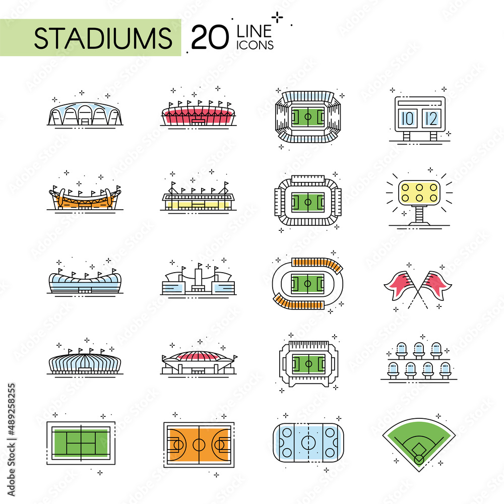 Set of sport stadiums and equipment icons Vector