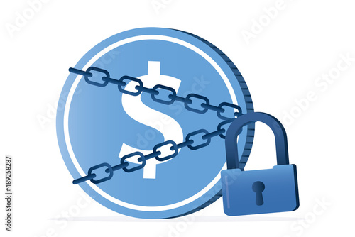 Dollar coin in chains and with lock. Ban on the use of foreign currency. Prohibition of converting dollars to local currency. Big coin and padlock.