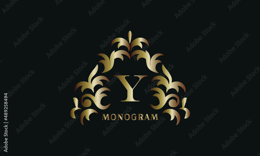 Bronze floral logo for letter Y on a dark background. Business sign, identity monogram for restaurant, boutique, hotel, heraldic, jewelry.
