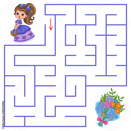 The cute little princess is looking for a way to find a bouquet of flowers in the maze. Find a way out of the maze. Educational game for children. Cartoon vector illustration, color clipart.