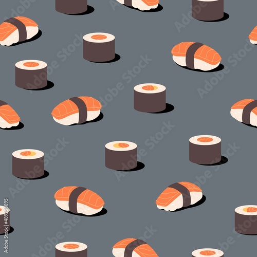 Sushi and rolls seamless pattern.
Seafood vector background. Japanese asian cuisine and oriental kitchen, restaurant wallpaper