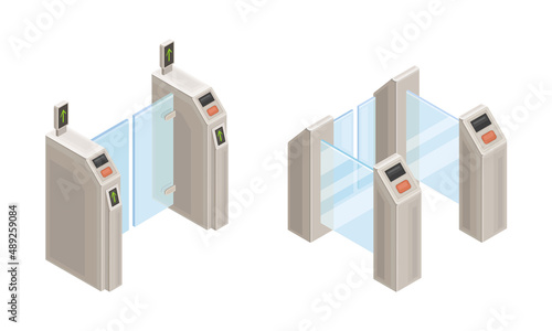 Subway station elements set. Entrance gates. Modern railway transport concept isometric vector illustration