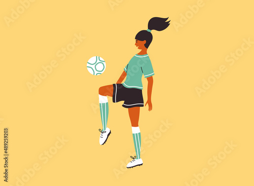 Female soccer player training on yellow background. Young woman in sport clothes playing ball football field. Womens soccer team girl kicks ball knee. Women athlete game exercise vector illustration
