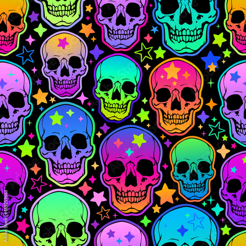 seamless illustration of neon bright human skulls and stars