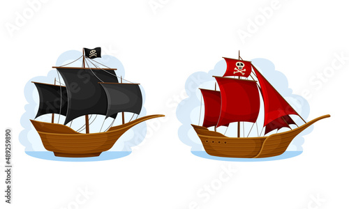 Pirate ship with black and red sails set. Vintage sailing ships floating on water cartoon vector illustration