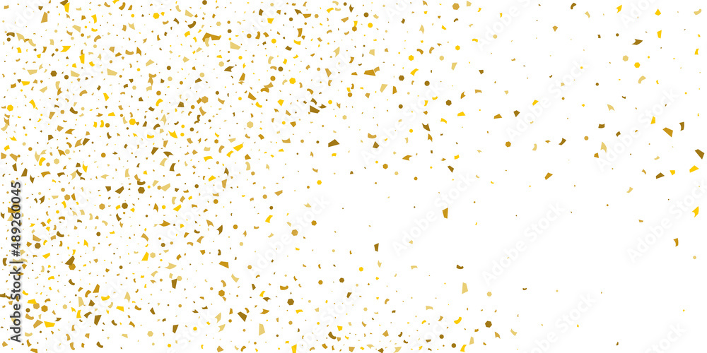 Golden glitter confetti on a white background. Illustration of a drop of shiny particles. Decorative element. Luxury background for your design, cards, invitations, gift, vip.