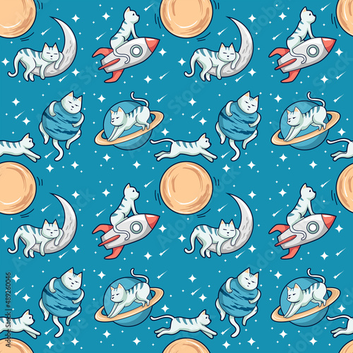 Space cute cat seamless pattern