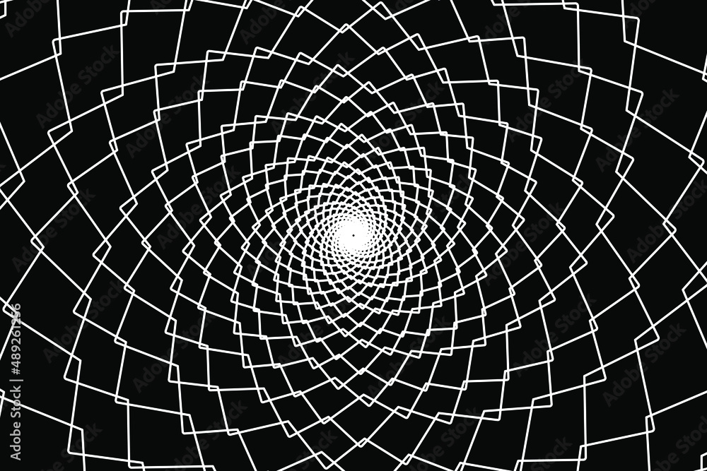 Abstract wireframe tunnel. The white rotate line on the black background. Vector illustration.
