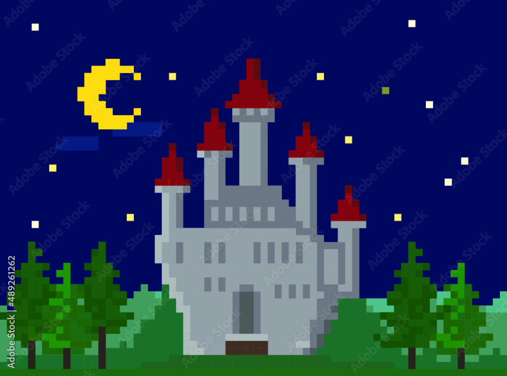 Pixel Night Landscape With Medieval Castle