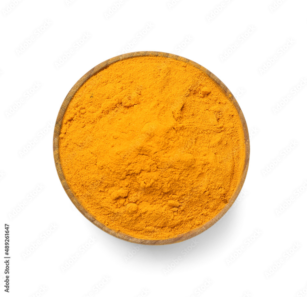 Bowl of turmeric powder isolated on white background Bowl of turmeric powder isolated on white background