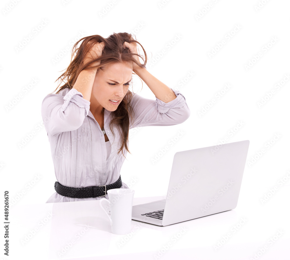 Oh no A virus. Frustrated businesswoman with a laptop in front of her - isolated on white. Oh no A virus. Frustrated businesswoman with a laptop in front of her - isolated on white.