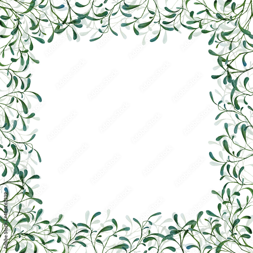 Watercolor frame with stylized branches and leaves. Hand-drawn elegance templates perfect for wedding postcards, design of invitations, poster, banner, decoration.
