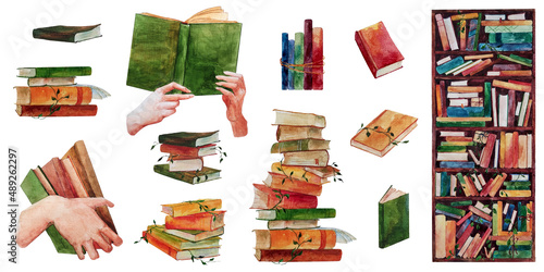 Hand-drawn watercolor illustration set of different books, wooden bookcase full of books, stack of books, books in hand. Bright illustration for design of book shop or library, cover, package, card.