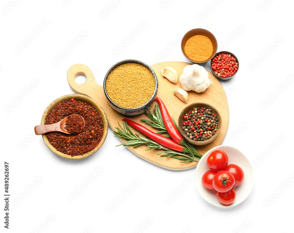 Composition with spices and vegetables on white background Composition with spices and vegetables on white background