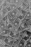 Pop art surreal style metallic silver colored heap of United States fifty dollar ($50) bills with selective focus