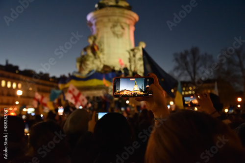 Protest, Demonstration against Russian Invasion of Ukraine at Place de la Republique in Paris, France, February 24, 2022 photo