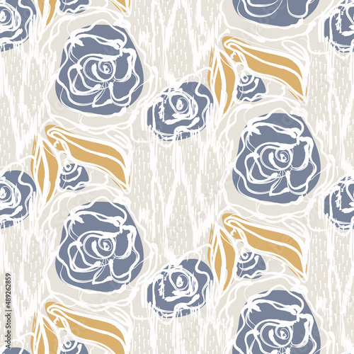  French blue floral linen seamless pattern with 2 tone country cottage style botanical motif. Simple vintage rustic fabric textile effect. Primitive modern shabby chic design.