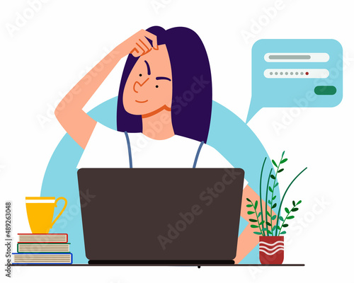 The concept of a woman thinking behind a laptop. Forgot your password and account login for the web page. Flat vector illustration.